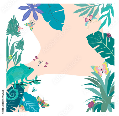 Illustration with tropical leaves and insects