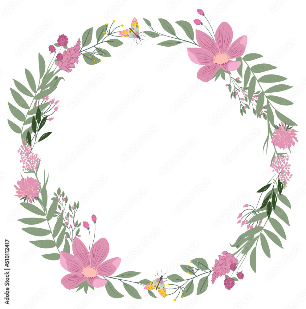 Spring wreath with flowers and leaves frame Spring wreath with flowers and leaves frame