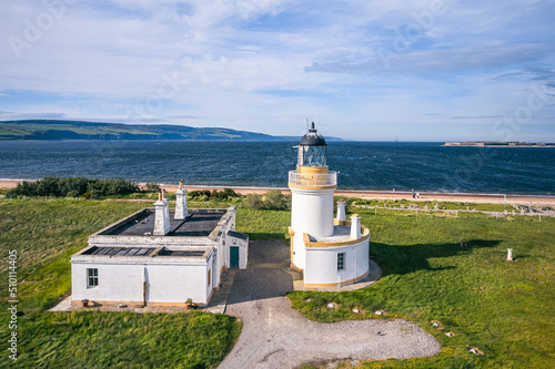 Chanonry Lighthouse on the Black Isle from a drone, Chanonry Point, East Coast of Scotland photo