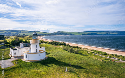 Chanonry Lighthouse on the Black Isle from a drone, Chanonry Point, East Coast of Scotland photo