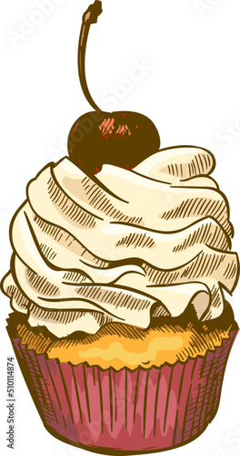 Cupcake with cream and cherry