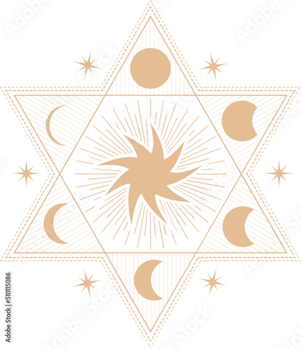 Six-pointed star with moon phases and sun