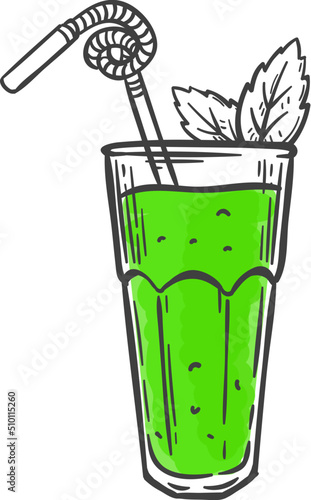 Sketch summer green kiwi with mint drink