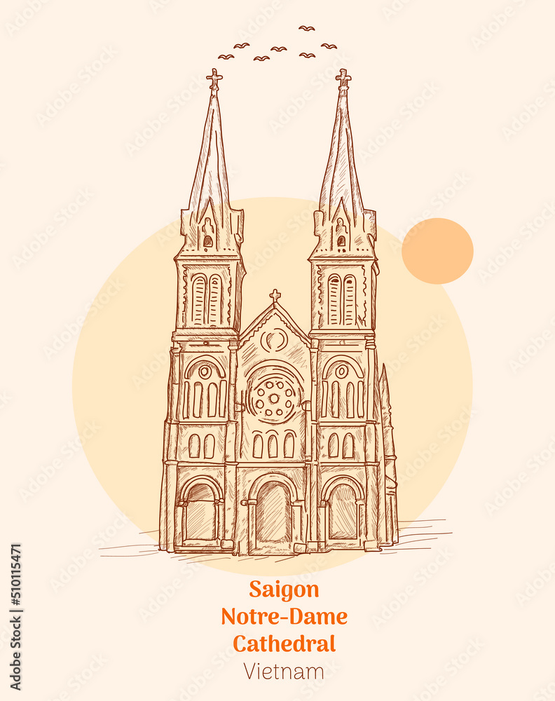 Saigon Notre Dame Cathedral vietnam hand drawing vector illustration