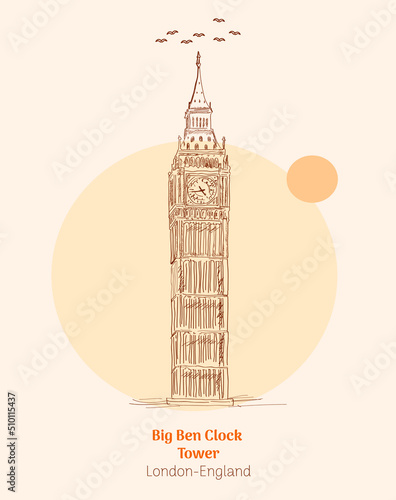 Big Ben Clock Tower london england hand drawing vector illustration