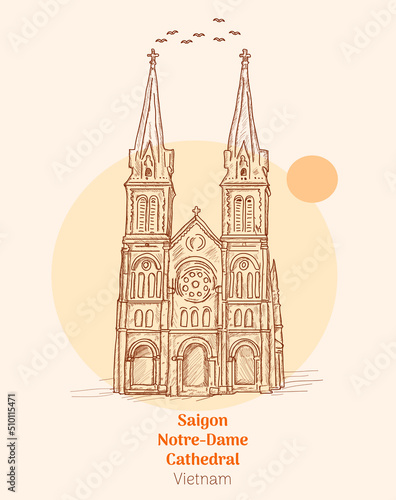 Saigon Notre Dame Cathedral vietnam hand drawing vector illustration