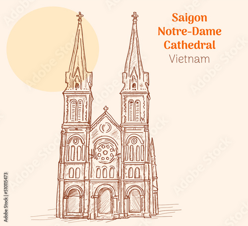 Saigon Notre Dame Cathedral vietnam hand drawing vector illustration