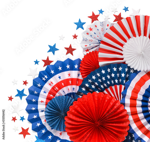 Vibrant red white and blue paper fans with stars in the bottom right corner. For 4th of July, Memorial day, Veteran's day, or other patriotic holiday celebrations.