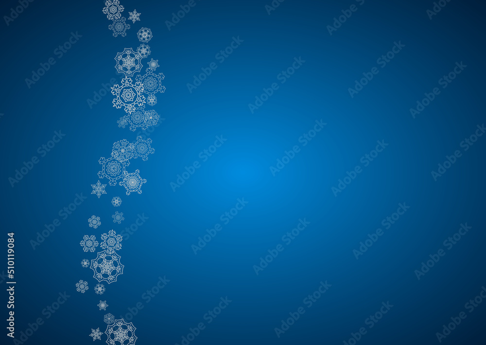 New year background with silver frosty snowflakes. Horizontal backdrop. Stylish new year background for holiday banner, card. Falling snow with sparkles and flakes for season special offers and sales. New year background with silver frosty snowflakes. Horizontal backdrop. Stylish new year background for holiday banner, card. Falling snow with sparkles and flakes for season special offers and sales.