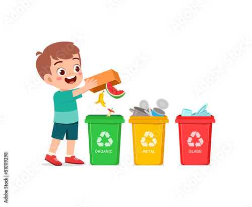 little kid throw organic waste to recycle bin