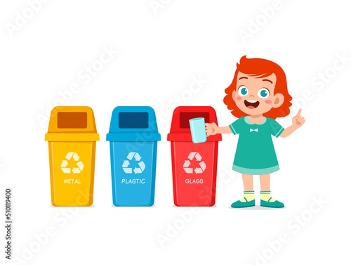 little kid throw glass waste to recycle bin