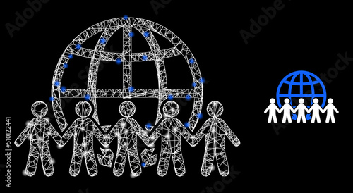 Net mesh world people carcass icon with lightspots. Illuminated vector model is created from world people picture. Vector carcass net world people icon.