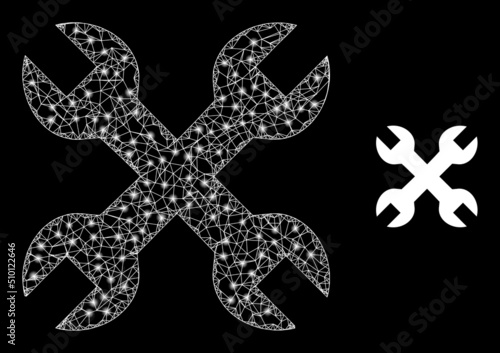 Network wrenches framework icon with light spots. Illuminated vector constellation is created from wrenches picture. Vector carcass mesh wrenches icon.
