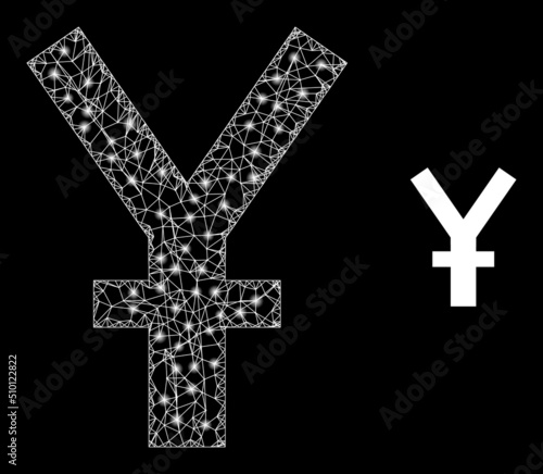 Crossing mesh yen carcass icon with light spots. Illuminated vector model is created from yen icon. Vector carcass network yen icon. Flat carcass created from yen symbol and intersected lines.
