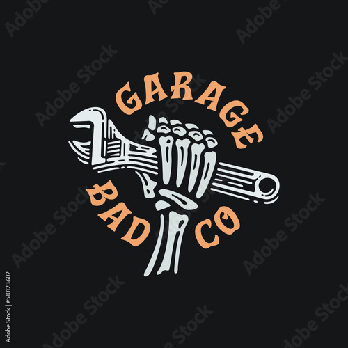 hand bones holding wrench illustration in vintage design