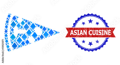 Blue jevel mosaic pizza piece icon, and bicolor unclean Asian Cuisine stamp. Gemstone related elements are united into abstract mosaic pizza piece icon.