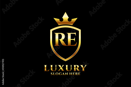 initial RE elegant luxury monogram logo or badge template with scrolls and royal crown - perfect for luxurious branding projects
