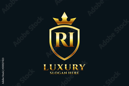 initial RI elegant luxury monogram logo or badge template with scrolls and royal crown - perfect for luxurious branding projects