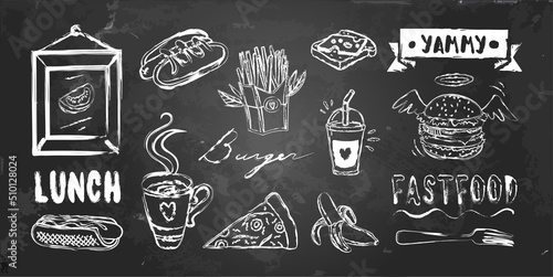 Vector set of fastfood and cafe menu with frame, ribbon, drinks and hand written words on blackboard. Chalkboard style, Doodle by chalk. Cafe and shop decoration isolated elements.