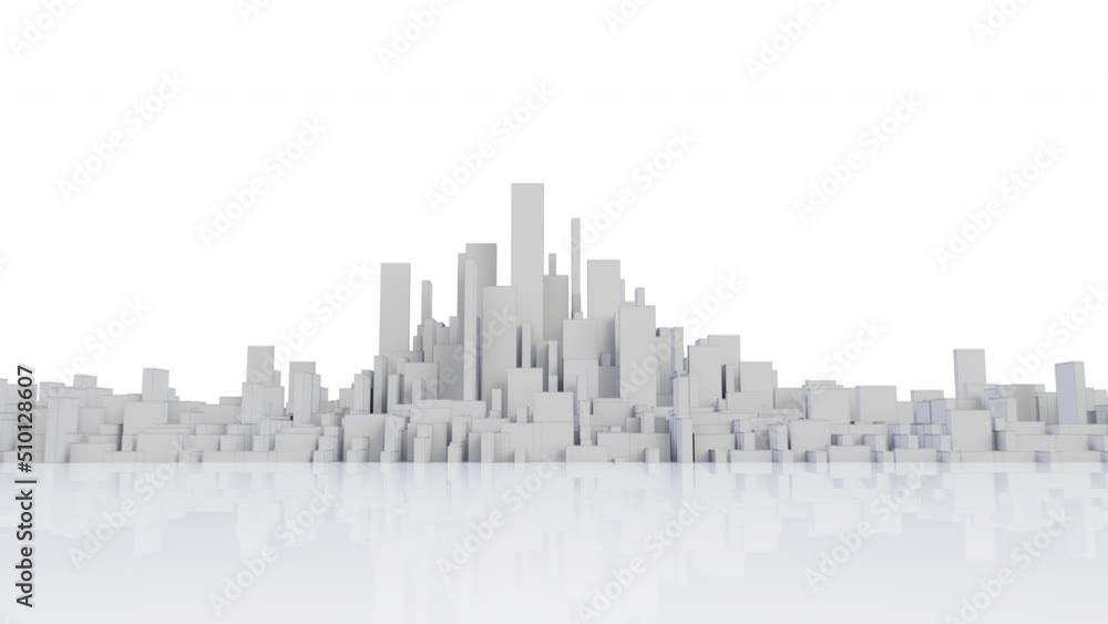 Traveling towards a large 3D isolated downtown city on mirror reflection floor with luma matte Traveling towards a large 3D isolated downtown city on mirror reflection floor with luma matte