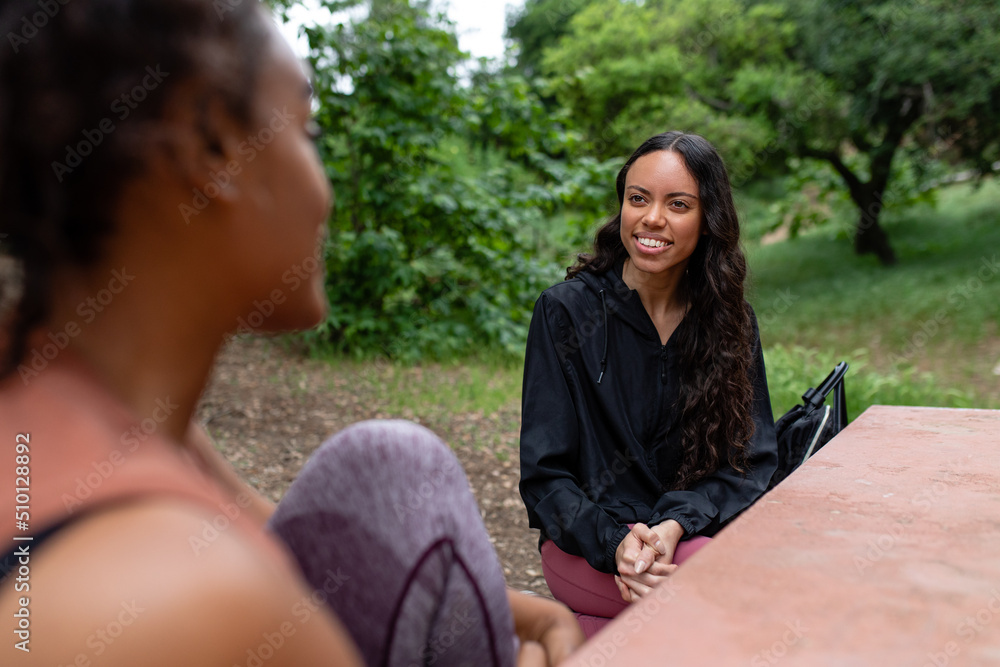 Woman Smiles At Friend During Conversation Woman Smiles At Friend During Conversation