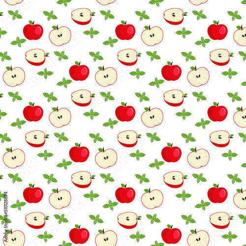 Red apples on a white background with mint. Pattern  whole apples and cut