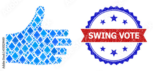 Blue brilliant collage thumb up icon, and bicolor scratched Swing Vote seal stamp. Crystal related elements are united into abstract mosaic thumb up pictogram.
