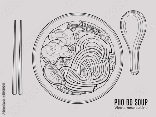 Vietnamese Pho Bo noodles soup. Top view outline doodle style illustration.