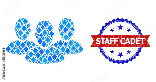Blue gemstone mosaic user group icon, and bicolor unclean Staff Cadet seal. Jevel related items are grouped into abstract mosaic user group pictogram.