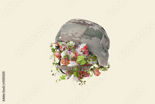 Military helmet with bouquet of fresh colorful flowers photo