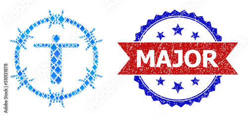 Blue ethereum mosaic welcome to prison icon, and bicolor dirty Major seal. Diamond related elements are arranged into abstract mosaic welcome to prison icon.