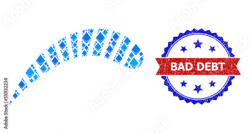 Blue gemstone collage worm icon, and bicolor textured Bad Debt seal. Diamond related parts are united into abstract collage worm icon. Red round seal includes Bad Debt tag inside circle.