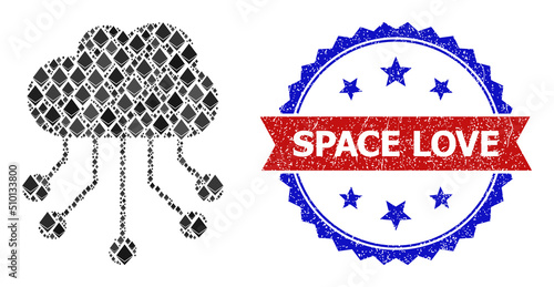 Vector gem mosaic cloud links icon, and bicolor unclean Space Love seal stamp. Red round stamp seal has Space Love caption inside circle. Cloud links collage is formed from brilliant elements.