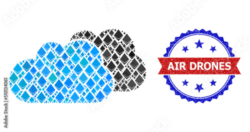 Vector gemstone mosaic clouds icon, and bicolor dirty Air Drones seal stamp. Red round stamp seal contains Air Drones tag inside circle. Clouds collage is done with brilliant parts.