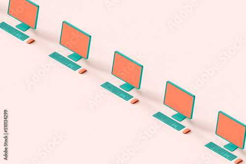 a row of PC's crossing the frame. with copy space