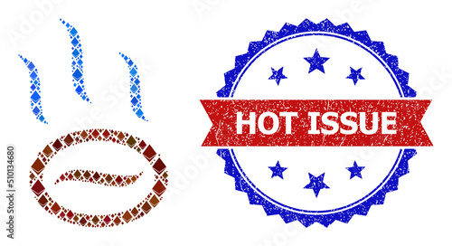 Vector jevel mosaic coffee steam icon, and bicolor unclean Hot Issue stamp. Red round stamp seal includes Hot Issue text inside circle. Coffee steam collage is done of ethereum elements.