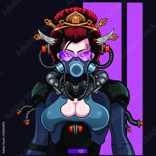 geisha samurai cyborg logo cartoon in vector