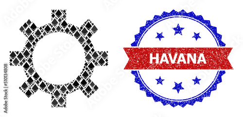 Vector gemstone composition cog icon, and bicolor textured Havana seal. Red round badge contains Havana text inside circle. Cog mosaic is formed of gemstone items.