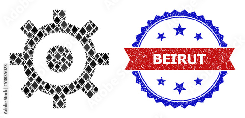 Vector ethereum composition cog icon, and bicolor textured Beirut seal stamp. Red round seal contains Beirut title inside circle. Cog mosaic is composed from diamond items.
