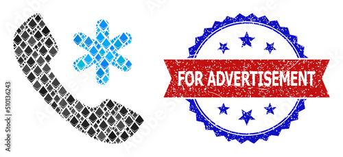 Vector ethereum composition cold call icon, and bicolor textured For Advertisement seal stamp. Red round badge includes For Advertisement title inside circle.