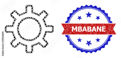 Vector ethereum composition contour gear icon, and bicolor scratched Mbabane seal stamp. Red round stamp seal has Mbabane tag inside circle. Contour gear collage is formed with ethereum dots.