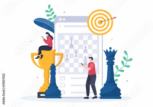 Online Chess Board Game Cartoon Background Illustration with Two People Sitting Across From Each Other and Playing for Hobby Activity in Flat Style