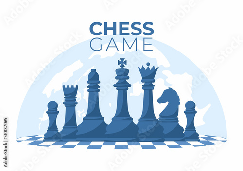 Chequered Chess Game Board Cartoon Background Illustration with Black and White Pieces for Hobby Activity, Competition or Tournament