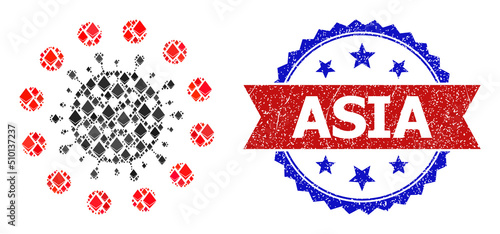 Vector diamond mosaic coronavirus red zone icon, and bicolor dirty Asia seal. Red round stamp includes Asia tag inside circle. Coronavirus red zone mosaic is constructed of diamond dots. photo