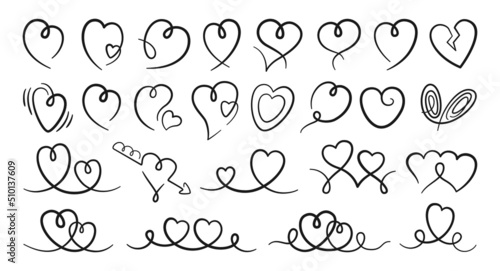 Swirl ornament filigree love heart calligraphic set. Vintage swirling romantic hearts curls flourishes decoration. Modern wedding invitation decor, save date cards, postcard scroll element design