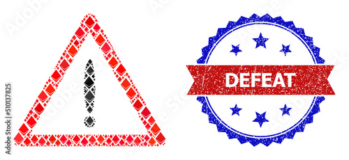 Vector gem mosaic danger icon  and bicolor rubber Defeat seal. Red round stamp seal includes Defeat tag inside circle. Danger mosaic is composed from crystal parts.