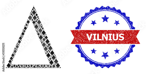 Vector crystal mosaic Delta Greek letter icon, and bicolor unclean Vilnius stamp. Red round badge contains Vilnius text inside circle. Delta Greek letter collage is composed of gemstone items.
