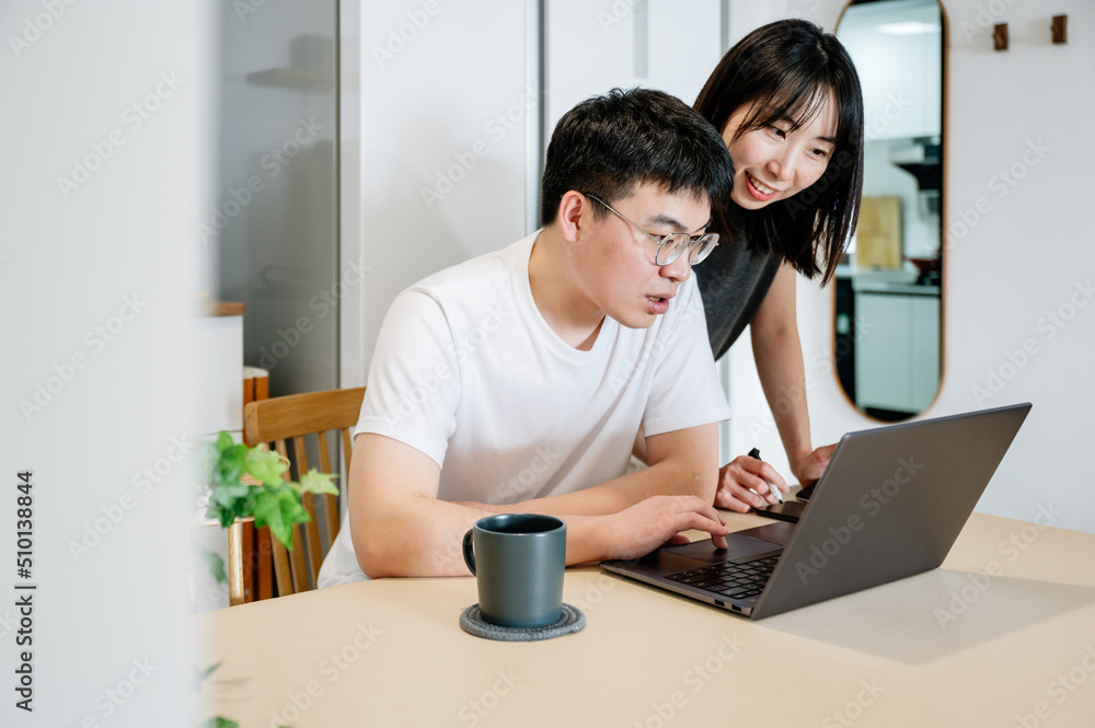 Young couple using computer together at home Young couple using computer together at home