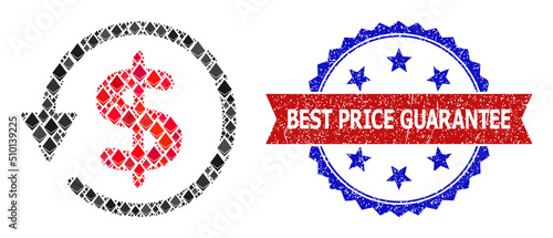 Vector jevel collage dollar refund icon, and bicolor scratched Best Price Guarantee seal stamp. Red round stamp seal includes Best Price Guarantee title inside circle.