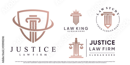 Set of justice law firm logo design with pillar, crown and creative element Premium Vector